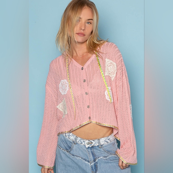 POL oversized pink doily lace crochet knit ribbon hoodie cardigan - Picture 2 of 5